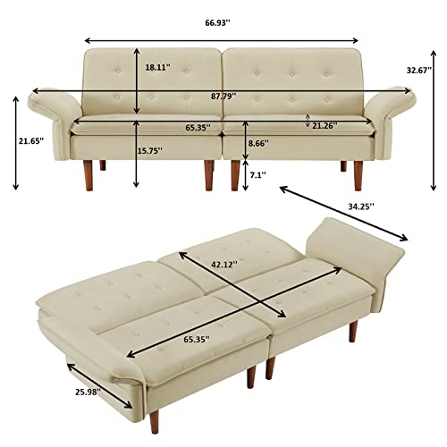 Aoowow Convertible Futon Sofa Bed, Modern Reclining Futon Loveseat Couch With Adjustable Armrest 4 Side Pockets And 8 Tapered Legs Folding Sleeper Sofa For Dorm Room Living Room Bedroom Office, Beige #TOP1