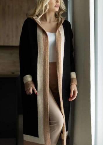 yoeasy Women's Color Block Striped Hooded Knit Long Cardigan Sweaters Oversized Open Front Long Sleeve Outwear Coat2