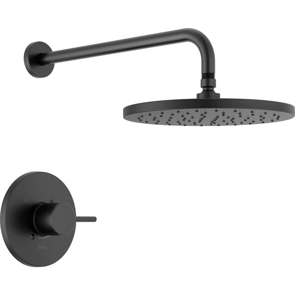 Photo 1 of Delta Modern 14 Series Round Rain Shower Faucet Set, Matte Black Shower Head and Handle Set, Valve Trim Kit, Matte Black T14269-BL-PP (Valve Not Included)