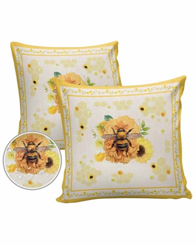 Yellow Floral Outdoor Pillow Cover 18x18 Inch Cushion Sham Case,Waterproof Decorative Square Throw Pillowcase for Outside Garden Patio Porch Couch Chair Tent Summer Bee Sunflower Farmhouse Orange