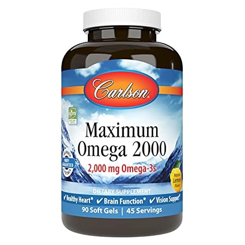 Carlson - Maximum Omega 2000, 2000 mg Omega-3s, Healthy Heart, Brain Function & Vision Support, Lemon, 90 soft gels Cover