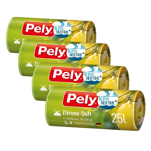 Pely Zugband M&uuml;llbeutel mit Zitronen Duft - Vorteilspack (4 x 14 St&uuml;ck), gelb, f&uuml;r die Entsorgung von Restabfall (25 Liter) mit angenehmen Duft