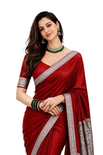 Image of Women's Glory Banarasi Satin Kanjivaram Saree Silver Zari Border Pure Soft Blend Silk Sari Kanchipuram Paithani Silk Party Wedding Festive New Ladies Sadi with Unstiched Blouse Piece. (Pink)