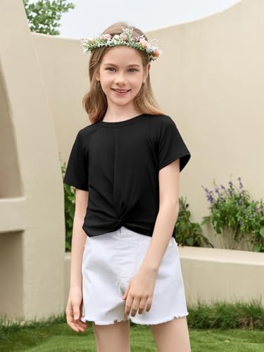 Haloumoning Girls Short Sleeve T Shirts Kids Summer Twist Front Crop Tops Fashion Tees 5-14 Years2