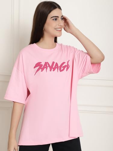 Image of Fabflee Oversized Cotton Baggy Drop Shoulder Graphic Tee with Half Sleeves | Korean Casual Loose T-Shirt for Women