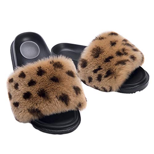 HONGTEYA Summer Real Fur Slides Slippers - Comfort Fuzzy Sandals Shoes for Women and Toddler Girls Indoors Outdoors Fluffy Flip Flops (9 M US Toddler, Leopard)