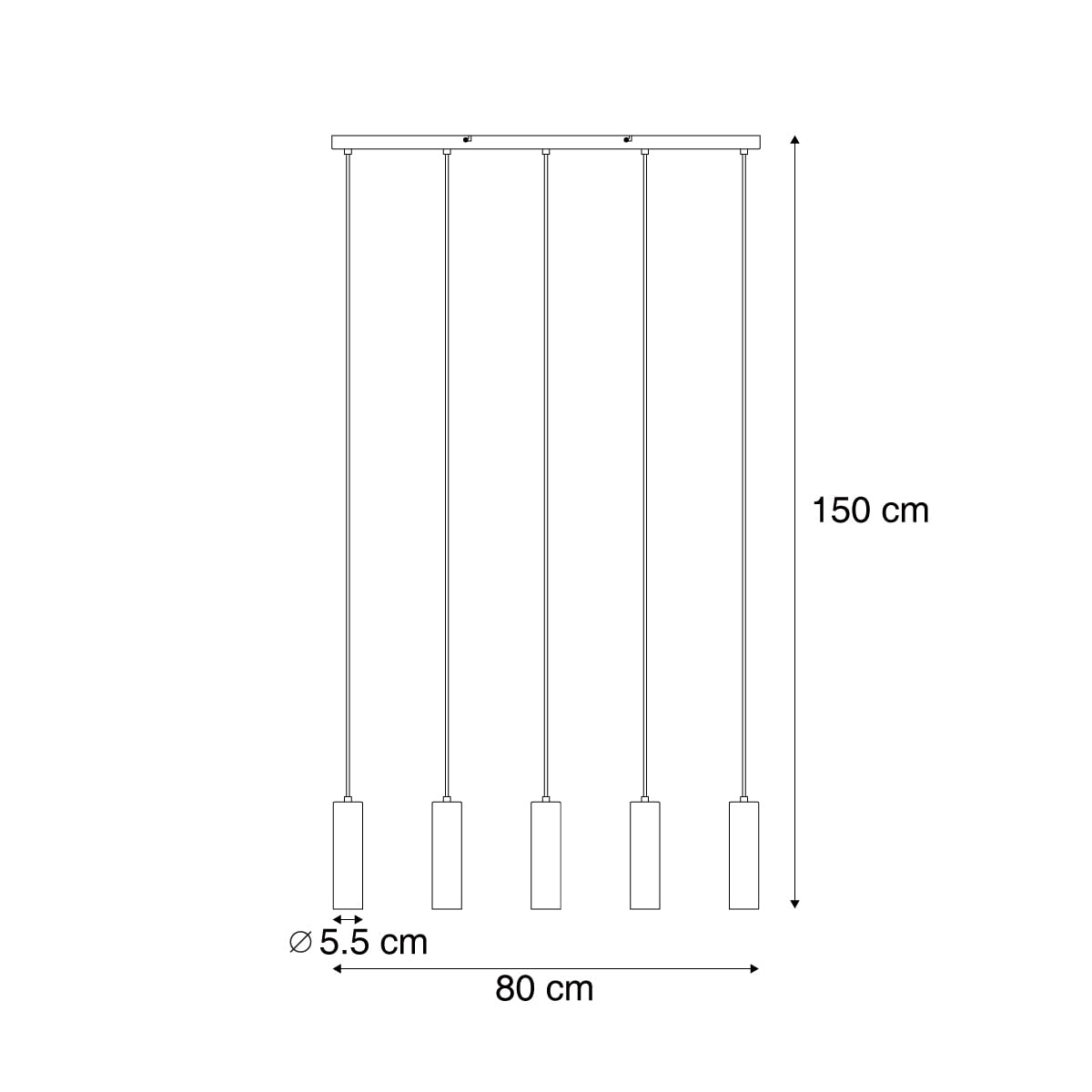 Qazqa Esstisch Modern Pendelleuchte, Pendellampe - Jeana - Schwarz, 5-flammig, 80cm, Ideal als Esszimmerlampe und Wohnzimmerlampe