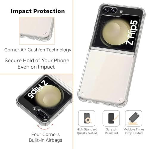Image of amazon basics Compatible with Samsung Galaxy Z Flip 5 5G Case Cover Transparent Non-Slip Hard PC Shockproof TPU Bumper Protective Phone Case for Z Flip 5 Back Cover - Clear