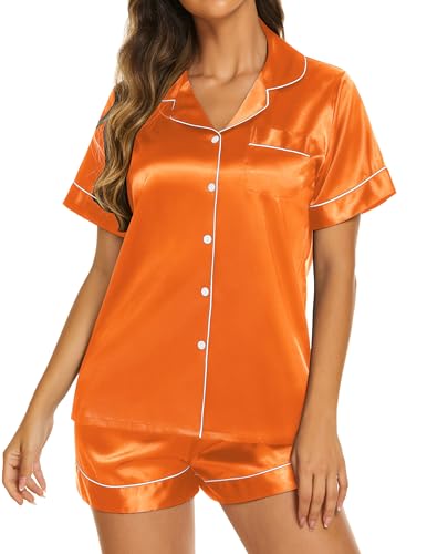 Image of Ekouaer Silk Pajamas for Women Short Sleeve Sleepwear Soft Button Down Loungewear 2 Piece Satin Pjs Shorts Set