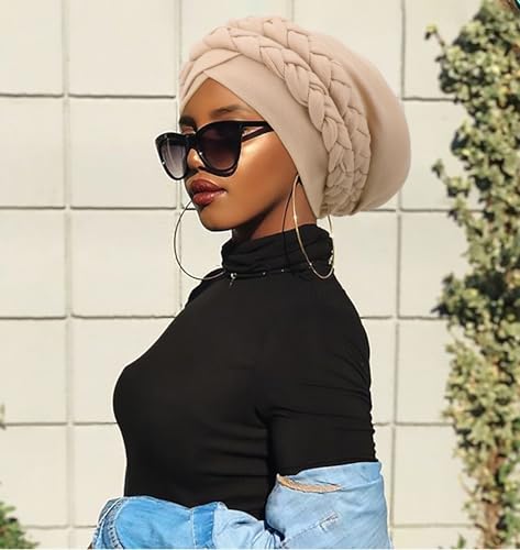 Image of DRESHOW African Women Turban Caps Cotton Beanie Twist Headscarf Pre-Tied Double Twisted Braids Wrap Hat Chemo Cancer Cap