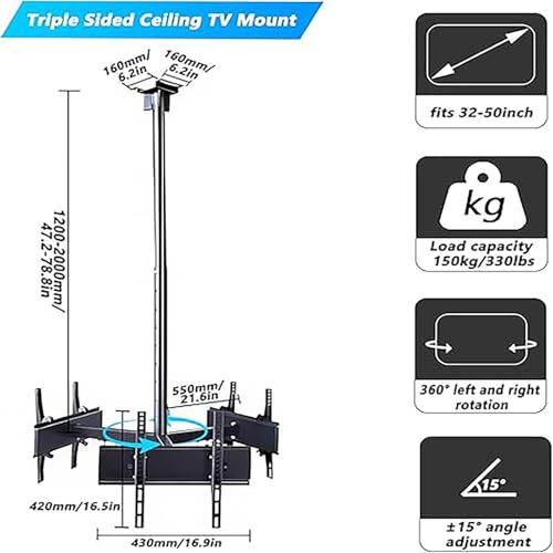 Support TV plafond rotatif multi-écrans à 3 côtés avec hauteur réglable