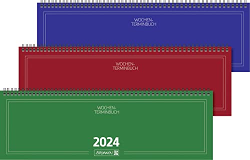 BRUNNEN Weekly calendar model 775 2024, Desk Planner Date Book, 2 pages = 1 week, sheet size 42 x 13.7 cm, blue, red, green