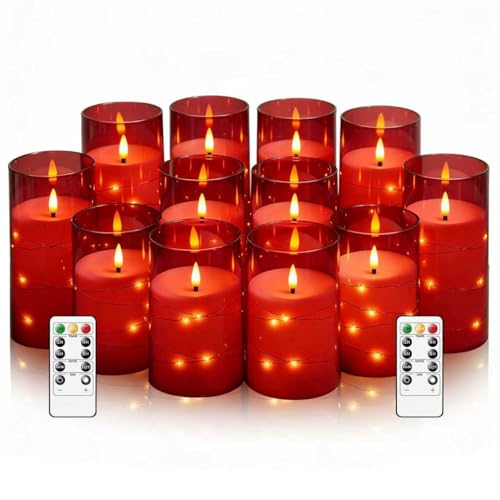 Image of kakoya Flameless LED Candles with Timer 12 Pc Flickering Flameless Candles for Romantic Ambiance and Home Decoration Stable Acrylic Shell,with Embedded Star String,Battery Operated Candles(Red)