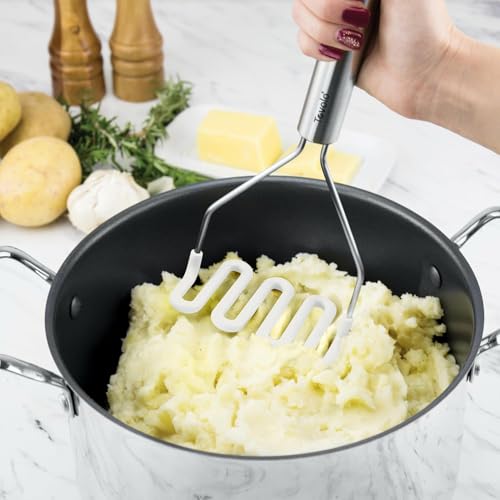 Image of Tovolo Silicone Cooking Utensil Set of 6 Stainless Steel Handle Ladle Slotted Turner Tongs Flex Core Spatula Scraper Mixing Spoon & Potato Masher, Dishwasher Safe BPA Free Utensils, White