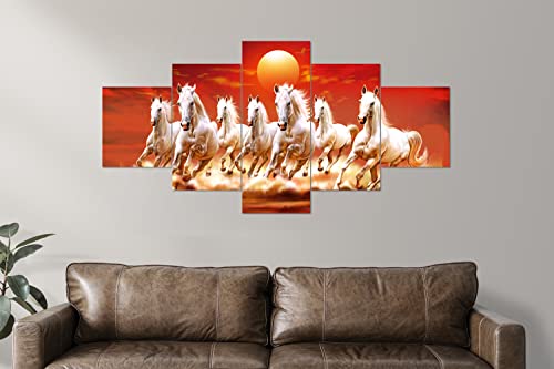 Image of Clasiko Set Of 5 Pcs 3D Wall Painting With Frame; Color - 7 Horses With Sun; Size - 24x50 Inches;