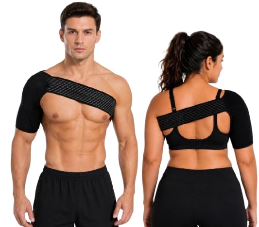 Adjustable Shoulder Support Brace for Pain Relief | Compression Shoulder Belt for Rotator Cuff Injury, Gym & Sports | Breathable Shoulder Band for Men & Women (Black)-image-1
