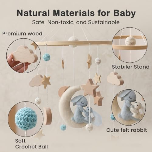 Image of SNOWIE Soft Crib Mobile Felt Bunny Clouds Stars Leaves Bells Without Arm