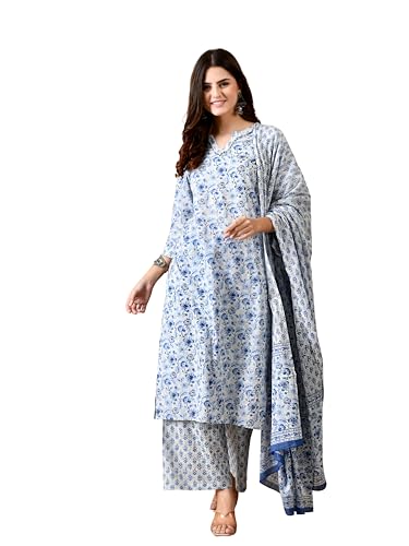 Image of Amazon Brand - Tavasya Women Cotton Anarkali Kurta Pant Dupatta Set | Printed Ethnic Suit Set | Flared Anarkali Kurta with Pant & Dupatta | Festive & Casual Wear