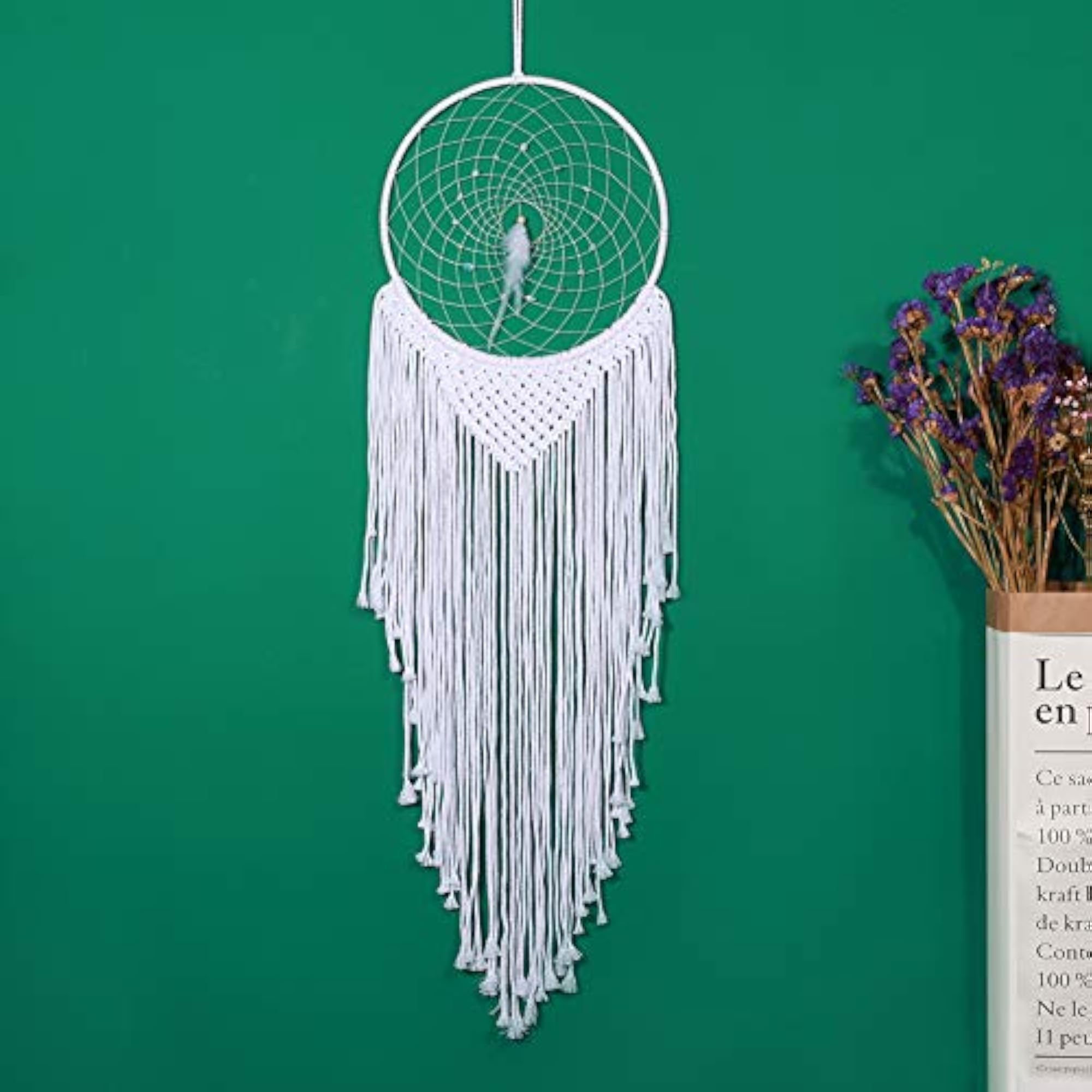 Large Boho Dream Catcher with White Feather, Macrame Decor