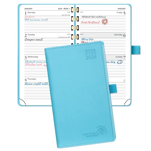 Poprun Planner 2023-2024 Pocket Size (3.5'' X 6.5'') 17 Months Academic Calendar (Aug.2023 - Dec.2024), Weekly & Daily Appointment Book For Time Management, Vegan Leather Cover - Blue Green #TOP19