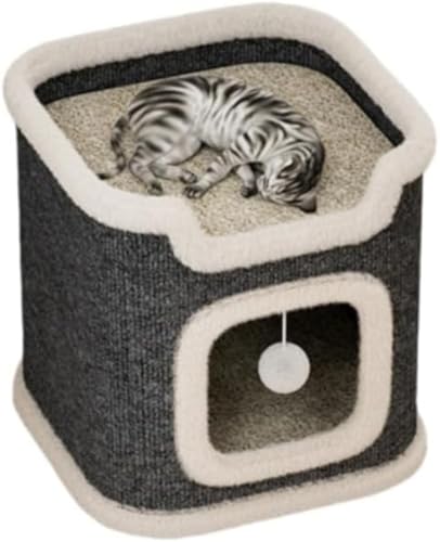 Xiraivke 猫ハウス、猫の爪とぎボード一体型、円筒形の猫用クライミングフレーム、多頭飼いアパート、半密閉型四角い木の穴、クリエイティブな猫用ベッド、外側の爪研ぎ器、四季折々のユニバーサルな猫用ベッド、毛玉付きおもちゃ、睡眠、休憩、遊び、多頭飼い家族に