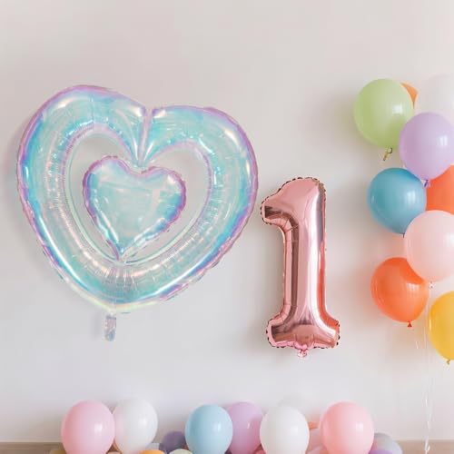 Image of 18 Inch Clear Transparent Iridescent Heart Balloon, Love Rainbow Crystal Heart Shaped Balloons for Valentines Day Wedding Bridal Shower Baby Shower Birthday Party Decorations Supplies