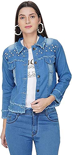 ATI CREATIONS Full Sleeve Comfort Fit Regular Blue Denim Turn-Down Jacket for Women - Medium