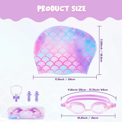 Image of Girls Unicorn Swim Cap and Goggles Set Toddler Waterproof Bathing Pool Swimming Caps Comfortable Kids Mermaid Unicorn Swimming Hats for Long and Short Hair (Mermaid Set)