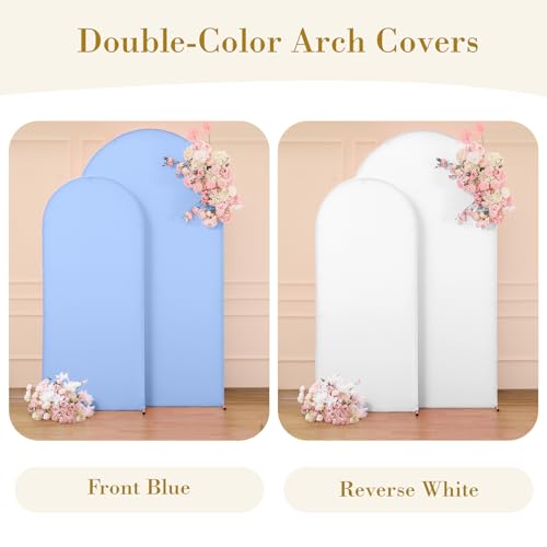 Image of White Blue Photo Arch Backdrop Cover Set of 2-7.2 and 6ft Spandex Arch Covers Stretchy Backdrop Baby Shower Arch Stand Covers for Boys Birthday Party Wedding Balloon Arch Background Decorations