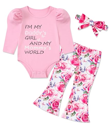 Image of grehava Baby Girl Romper Set and Bell Bottom Pant with Bow Headband Infant Fall Outfit 6-18 Month