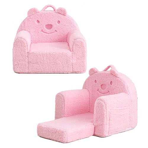 Kisdsa 幼児用椅子 シェルパベア キッズチェア 幼児用カウチ 折りたたみ式 子供用読書椅子 フリップアウト キッズソファ コンバーチブル 1~3歳用(ピンクベア)