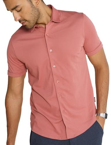Image of DaMENSCH Men's Constant All-Degree Half Sleeve Regular fit Shirt, Pique Textured, Thermoregulating Cotton Blend, Recycled Fabric Shirts Stylish