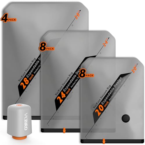 Vacbird Vakuumbeutel für Kleidung mit Kabellose Vakuumpumpe, 20 Stück (8x 40x54cm, 8x 47x64cm, 4x 54x74cm), Platzsparend Vakuumierbeutel für Kleidung – Speziell für Reisen und Kofferorganisation