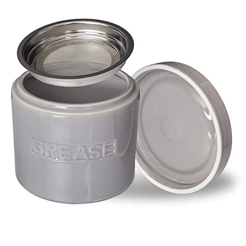 CYPRESS SUNRISE Bacon Grease Oil Container Storage Can Keeper w/Stainless Strainer Paleo Keto Pour Spout Ceramic Porcelain Stoneware Fat Separator Filter GREY