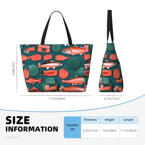 Salmon Pattern Print Waterproof Beach Bag For Womentote Bag Zipper And Pockets For Travel Vacation4