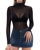 MANGOPOP Womens Long Sleeve Mesh Sheer Tops Sexy Mock Neck Clubwear Shirts, Black, M