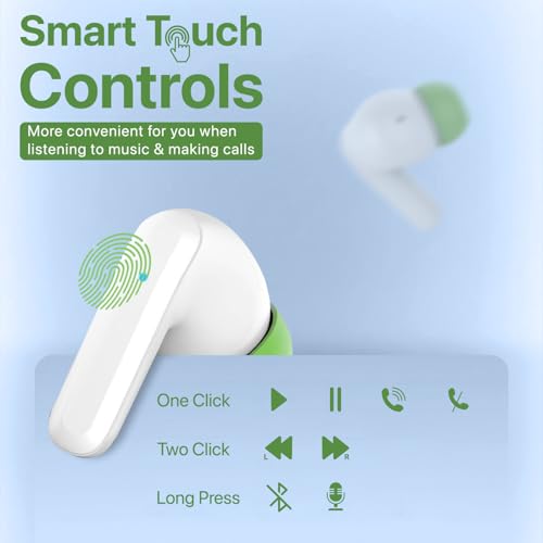 Image of Vaku Luxos SONAIR TWS Bluetooth 5.4 Earbuds | 60H Playtime | Touch Controls | Type-C Fast Charging | 10mm Driver | Voice Assistant | Deep Bass Wireless Earbuds with Charging Case- White /Green