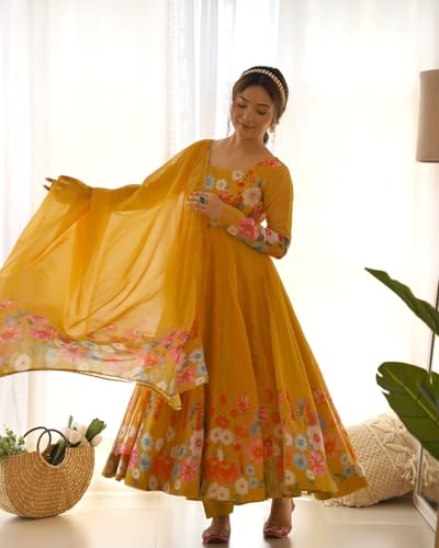Image of KD Women's Floral Print Anarkali Kurta Set with Pant and Dupatta, Georgette, Full Sleeves, Asymmetric Hemline