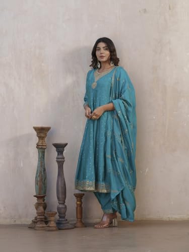 Image of Kaari Women's Embroidered Kurta Set with Dupatta - Festive Kurta Set for Women Polyester Blend