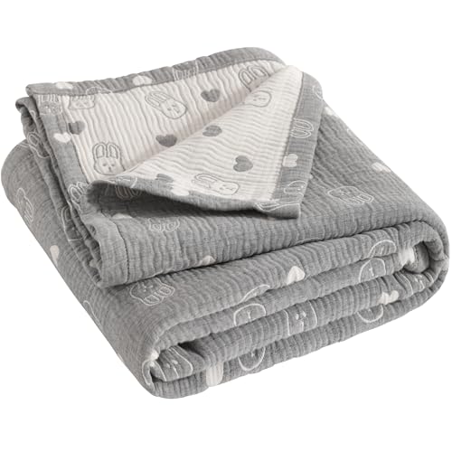 NTBAY 3 Layer Oversized Muslin Toddler Blanket, 45 x 60, Dark Grey Rabbit