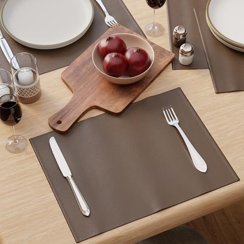 Image of Encasa XO Leather Dining Table Mats Set of 4 | Water Repellent & Heat Resistant Dining Table Mats | Washable & Easy to Clean Placemats for Kitchen Decor - 42x30 cm (Dark Brown)