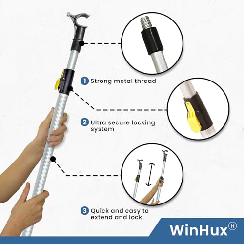 WInHux Telescopic Pole for Roof, Windows and Blinds - Compatible with Velux Top Bar Windows and Blind Handle Bars, 1.2–2.0 meter Aluminium Skylight Opener Rod with Non Slip Hook and Button Lock