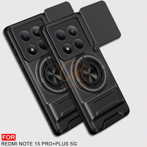 Image of Redmi Note 15 Pro Plus 5G Back Cover | Armor Camera Slider 360 Degree Rotating Finger Ring Holder Case with Bracket Stand Back Case Cover (Compatible with MagSafe Accessories) (Black)