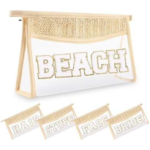 Small Boho Straw Clear Beach Makeup Bags for Women&Girls, Zipper Cosmetic Bag Chenille Varsity Letter Patch Bag, Preppy Cute Toiletry Pouch, Trendy Organizer Storage Bag for Beach Travel Essentials Cover