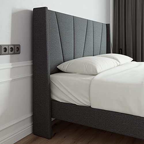Sha Cerlin Queen Bed Frame, Upholstered Platform Bed With Geometric Headboard And Wingback, Wood Slat Support, No Box Spring Needed, Grey #TOP3