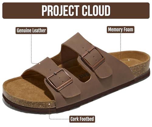 Image of Project Cloud Mens Sandals, 100% Genuine Leather Mens Slides (Heritage) | Memory Foam Insole & Cork Footbed Slides for Men Footwear Non Slip Summer Sandals for Men & Lightweight Sandals Men