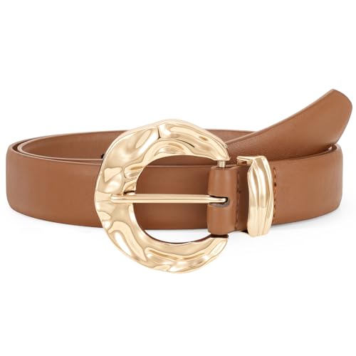 LEACOOLKEY Leather Belt for Women Ladies Waist Belt for Jeans Dress Fashion Leather Belt with Gold Buckle