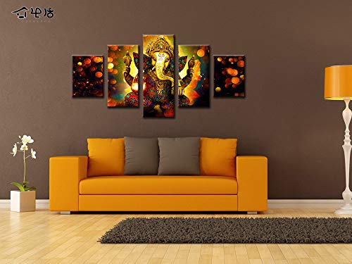 Large 5 Pieces Lord Ganesha Indian Wall Decor - Hindu Temple Puja Mandir For Home - Elephant Zen Photo Picture Canvas Print Paintings For Living Room House Wooden Framed Decorations (60" W X 32" H) #TOP2