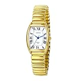 JewelryWe Uhren Damen Analog Quarz Armbanduhr Klassisch Rechteckig Elastisch Legierung Armband Beiläufige Uhr Damenuhr mit weißem Römischen Ziffern Zifferblatt Gold
