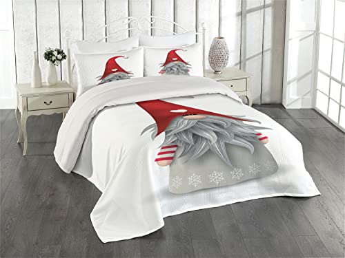 Ambesonne Gnome Coverlet, Nordic Tonttu Myth Finnish Creature Nisser Scandinavian Folklore Print, 3 Piece Decorative Quilted Bedspread Set with 2 Pillow Shams, Queen Size, Grey Ruby